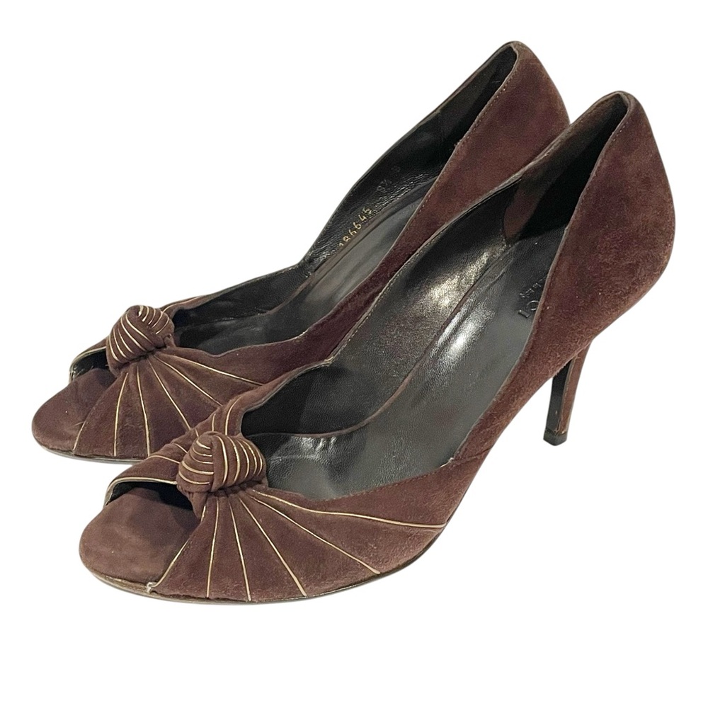 Gucci‎ Chocolate Brown Suede Gold Trim Peep Toe Classic Pumps Heels Size 8.5